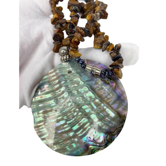 Jewelry - Vintage Abalone Medallion Disc Necklace Tigers Eye chips polished stones Brown